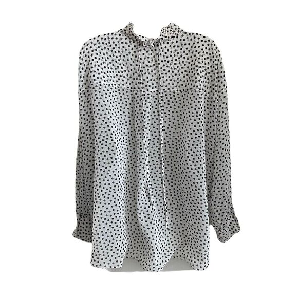 ZARA XS Blouse Popover Button Front Polka Dot White Black Ruffle Top - Picture 8 of 9